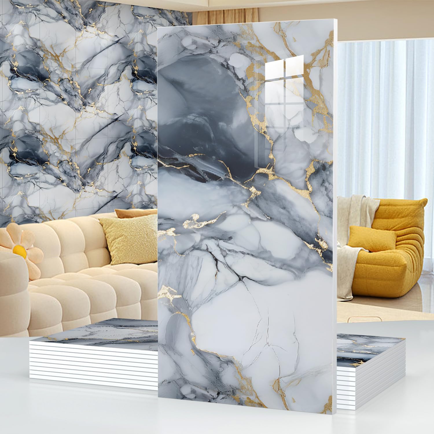 10-Piece Blue Gold Marble Panels