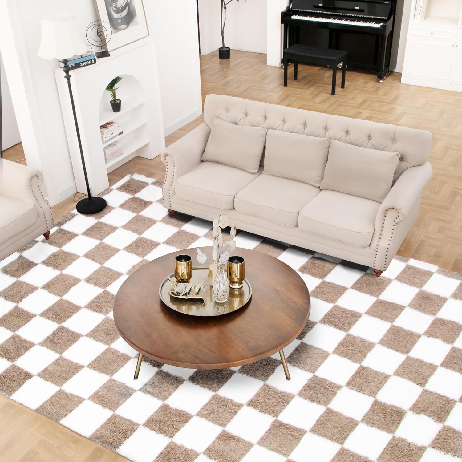 Beige and White Checkered Area Rug