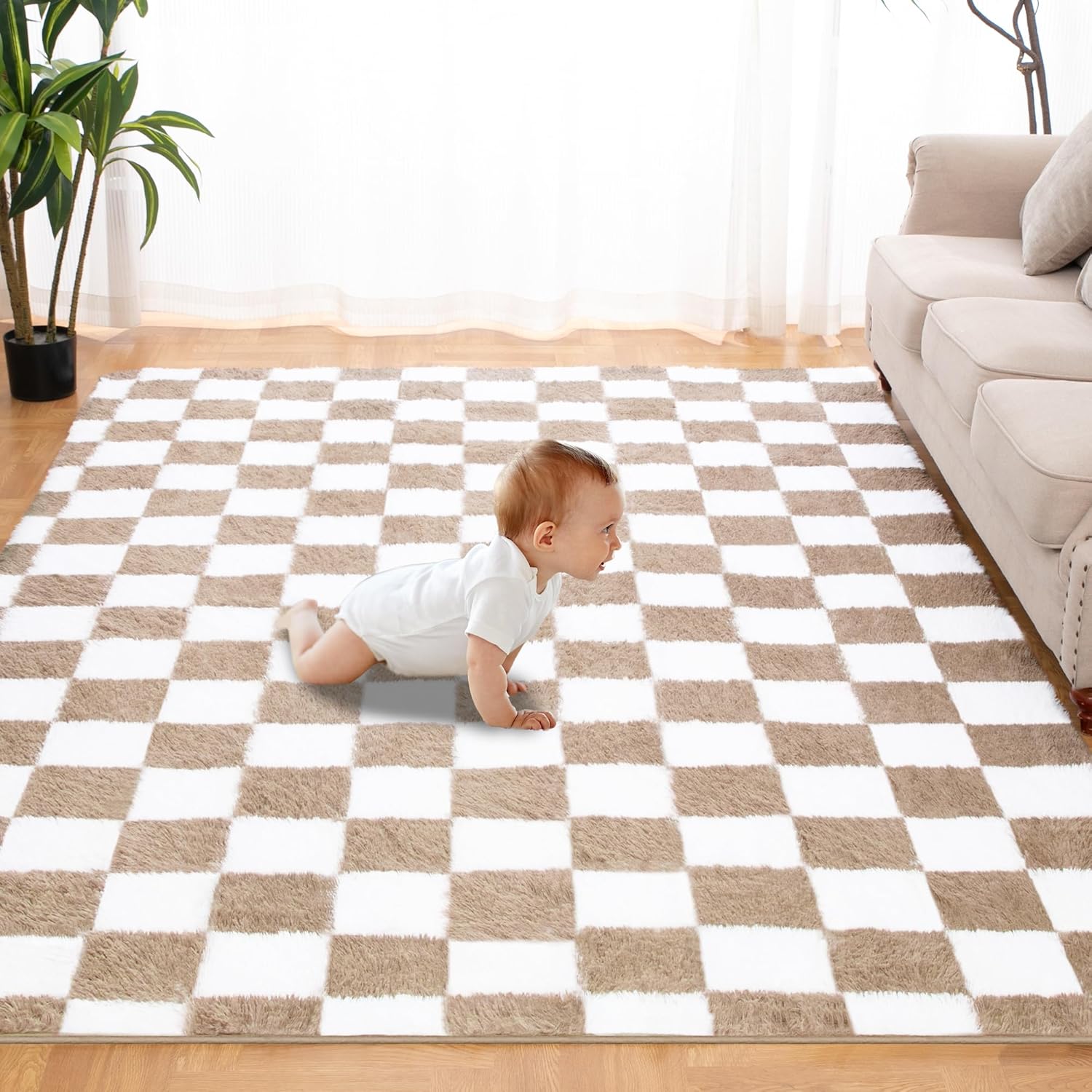 Beige and White Checkered Area Rug