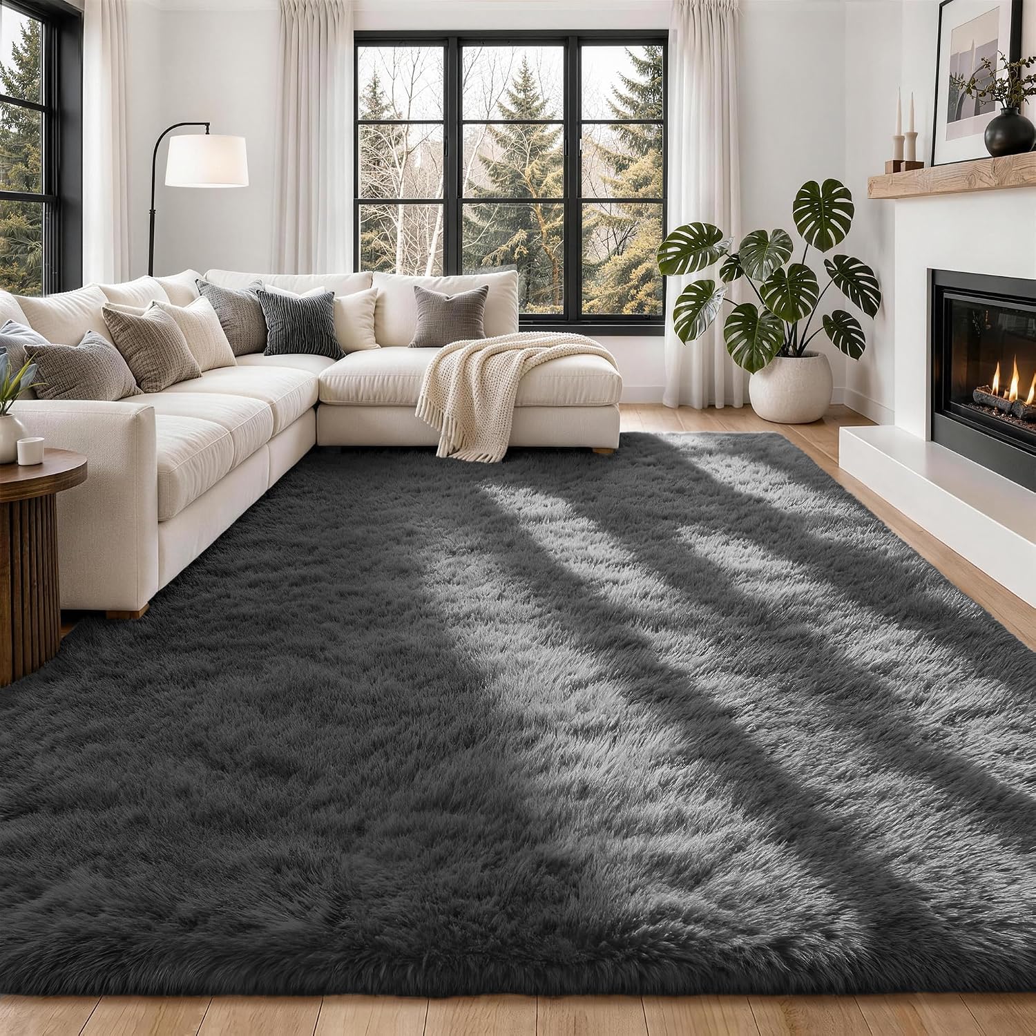 Large Grey Fluffy Shag Area Rug
